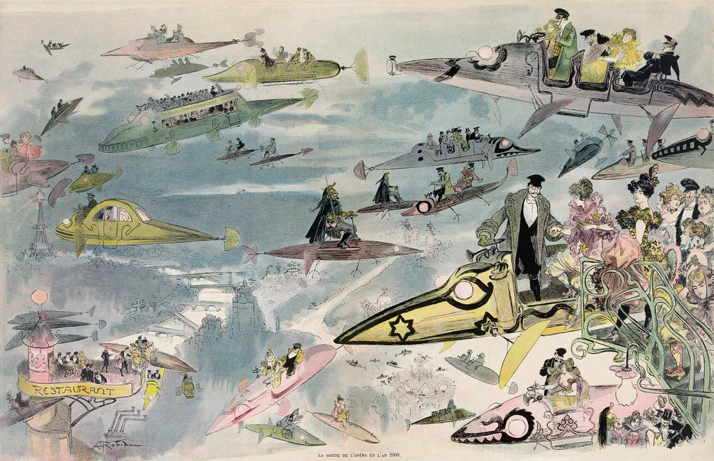 1902 print depicting many bizarre aircraft and their pilots in the skies above Paris. The title, "Le Sortie de l'opéra en l'an 2000", meaning "Leaving the opera in the year 2000", is displayed in the bottom center. The Eiffel Tower is faintly visible in the background in the left.