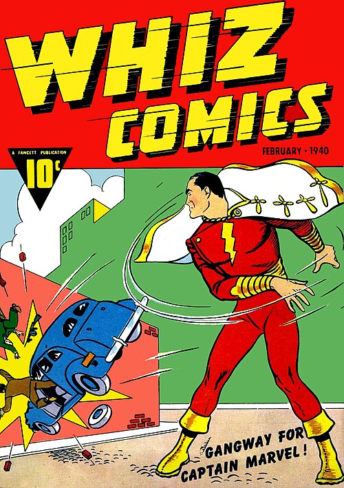 1940 cover of issue 2 of comic book Whiz Comics. Captain Marvel, a superhero with a red costume featuring a yellow lightning bolt emblem on his chest, throws a car into a wall. The label "Gangway for Captain Marvel!" appears in the lower-right.