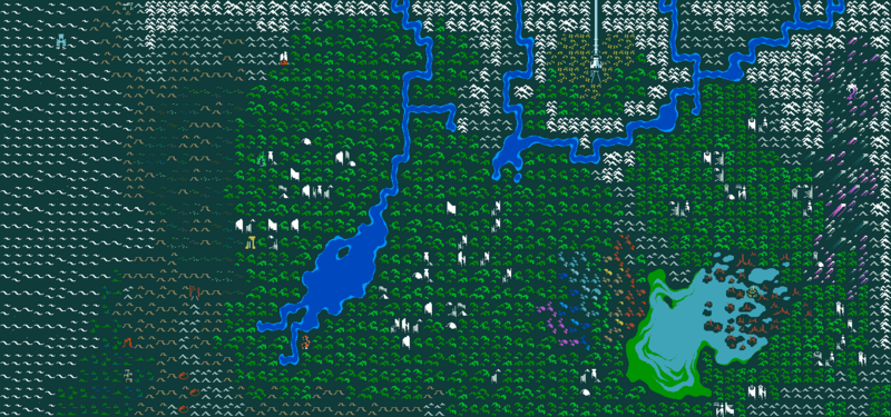 Screenshot of the world map in Caves of Qud. Ruined skyscrapers jut out of an overgrown jungle. Intriguing features like a lake made of something besides water, iridescent mushrooms, and a space elevator are scattered across the map.