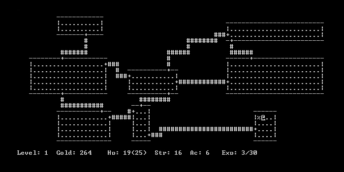 Screenshot from Rogue, which uses white on black text to approximate a top-down view of a dungeon level. The player, marked with an @, stands in a room connected to other rooms through dark tunnels denoted #, beside a staircase indicated by a %.
