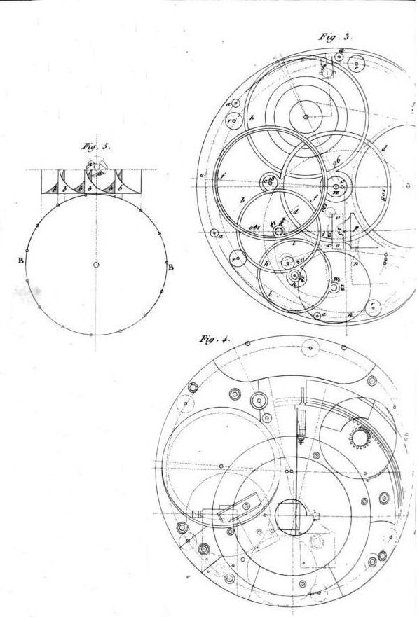 Scan of a diagram laying out the inner workings of the H4 chronometer. Several figures illustrating different cross-sections of the clock its mechanisms are labeled with letters.