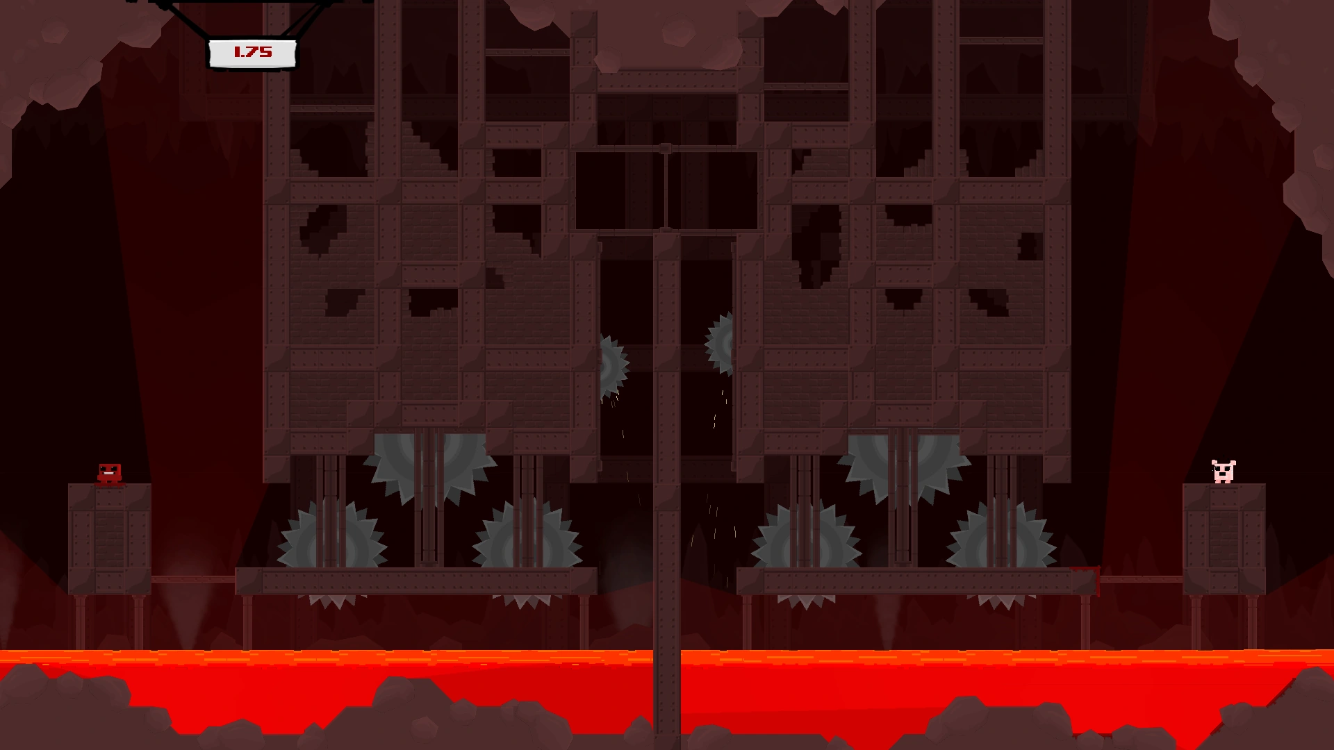 Screenshot of a single-screen level from Super Meat Boy. It is set in Hell and features a river of lava and too many moving sawblades.