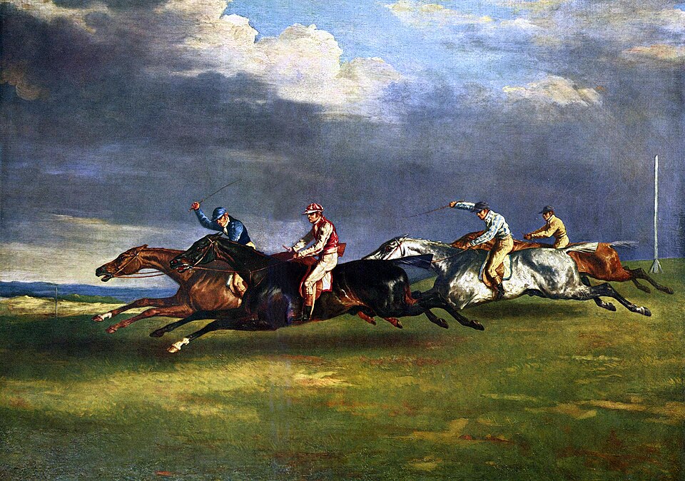 Painting of a horse race titled "The 1821 Derby at Epsom", by Théodore Géricault. Four male jockeys ride racing horses across the English countryside against a backdrop of dark clouds. The horses have all of their legs outstreched off the ground in the "flying gallop" pose.