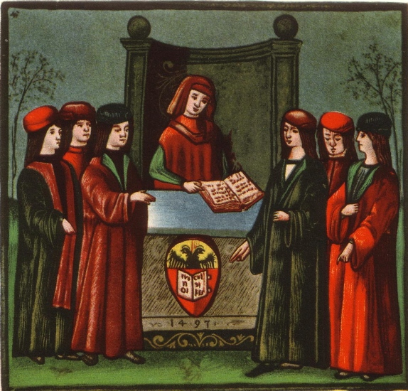 1497 illuminated illustration of students enrolling in the University of Bologna. Six long-haired students in green and red caps and robes stand outside, surrounding a desk and throne bearing the university seal. A robed person sitting in the throne writes in an open book.